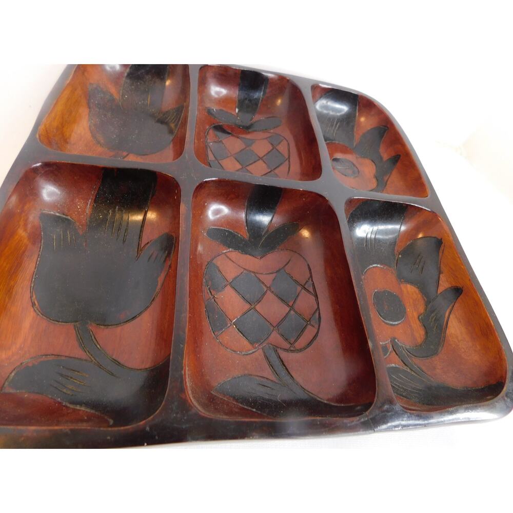 Vtg Hand Carved Polynesian Monkey Pod Wooden 6 Section Appetizer Snack Tray - Picture 2 of 7